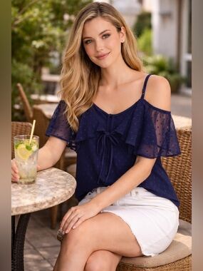 Navy Off Shoulder Chiffon Blouse Polka Dot Ruffle Top Medium